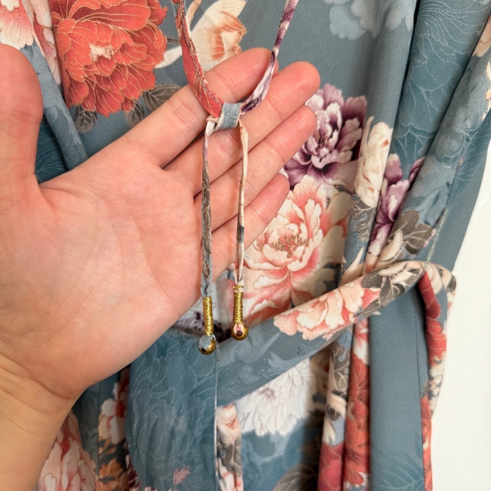 Jade Johnny Was Floral Long Sleeve Dress in Blue and Pink with Belt and Tassels - Picture 11 of 12